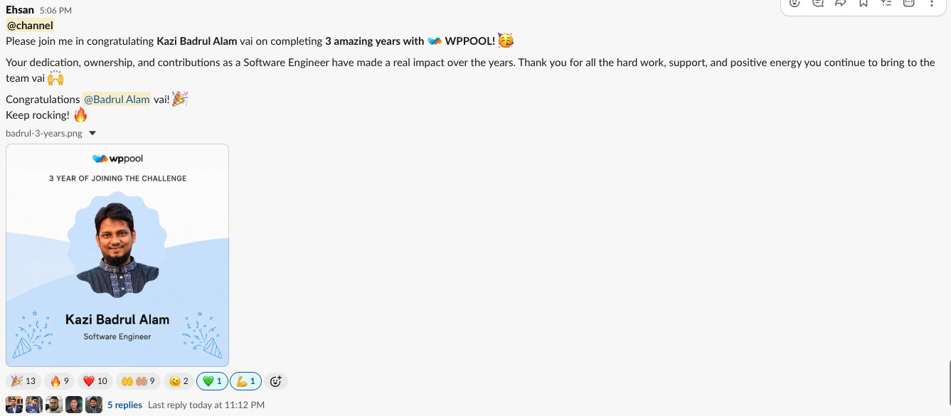 WPPOOL team Slack post celebrating Kazi Badrul Alam completing 3 years as a Software Engineer, with an anniversary card reading "3 year of joining the challenge" and 40+ reactions from the team