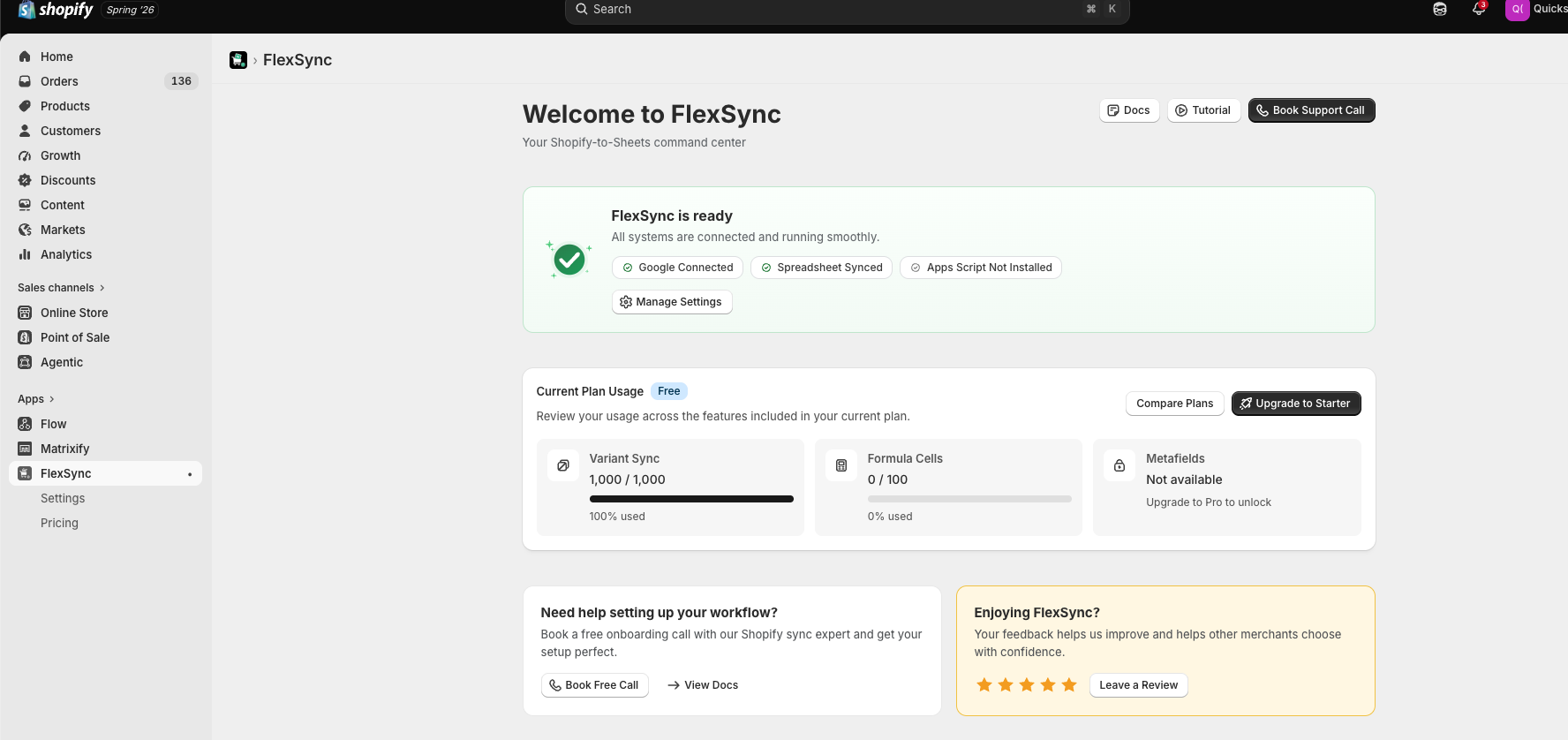 The FlexSync app inside the Shopify admin: a product catalog mapped column-by-column to a Google Sheet, with sync status per row.